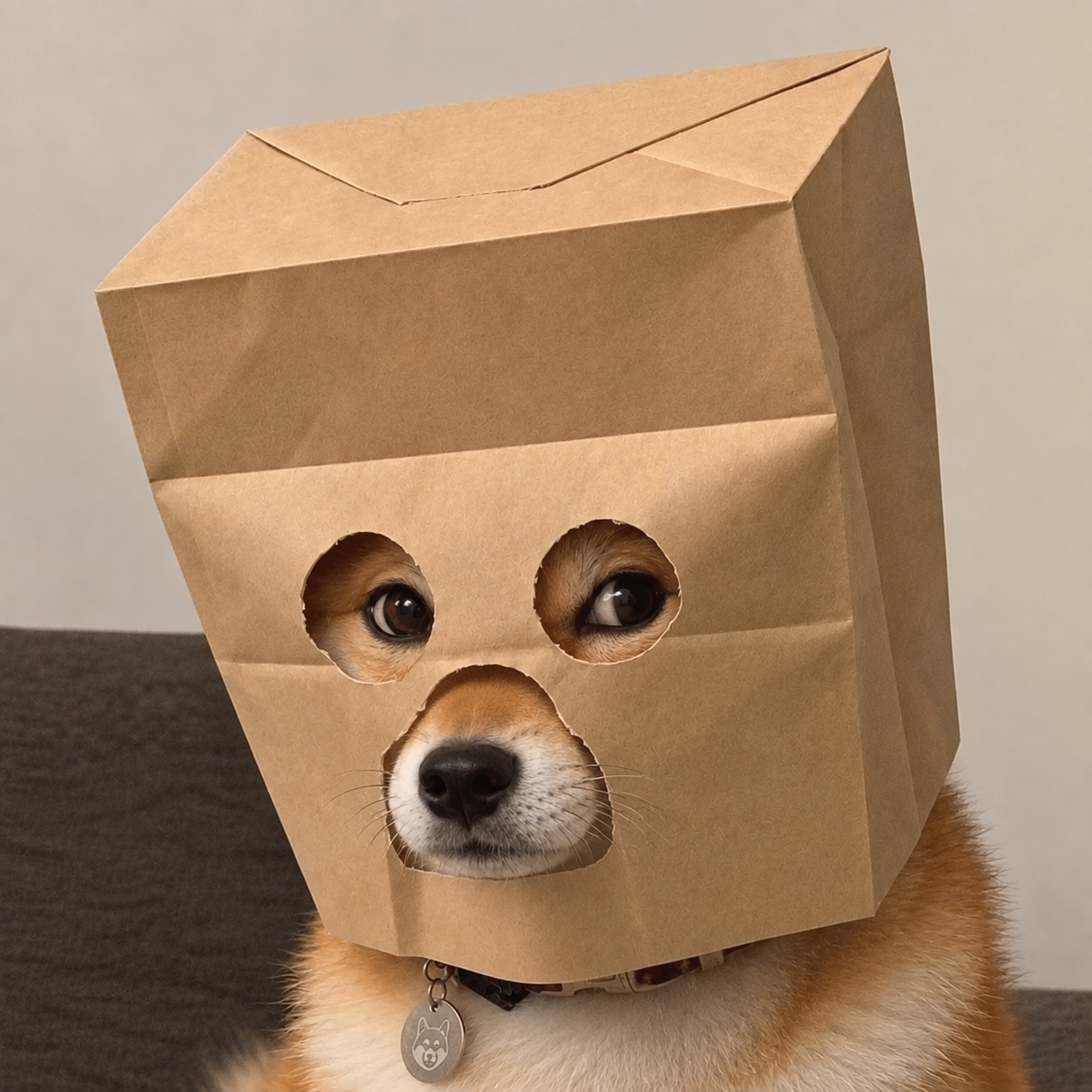 A Shiba Inu wearing a brown paper bag with cutouts for its eyes and muzzle.